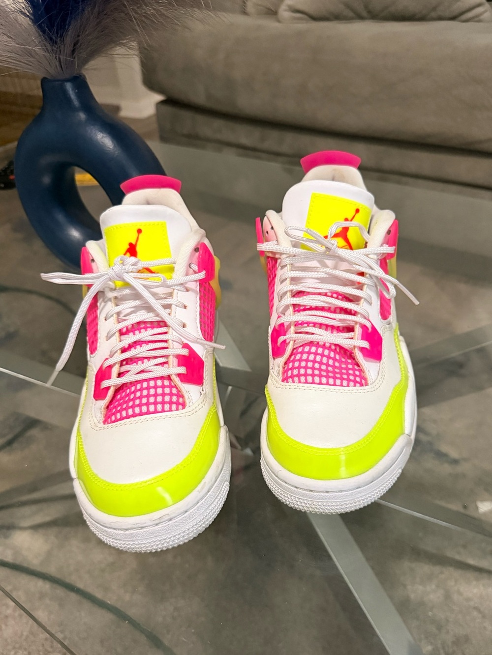 Jordan Kids White Sneakers with Pink and Neon Yellow Accents